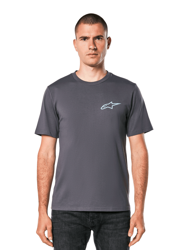 Alpinestars Horizon CSF Tee, Short Sleeve T-Shirt, Charcoal, Light Blue Ageless Logo on Chest, Casual Motorsport Streetwear