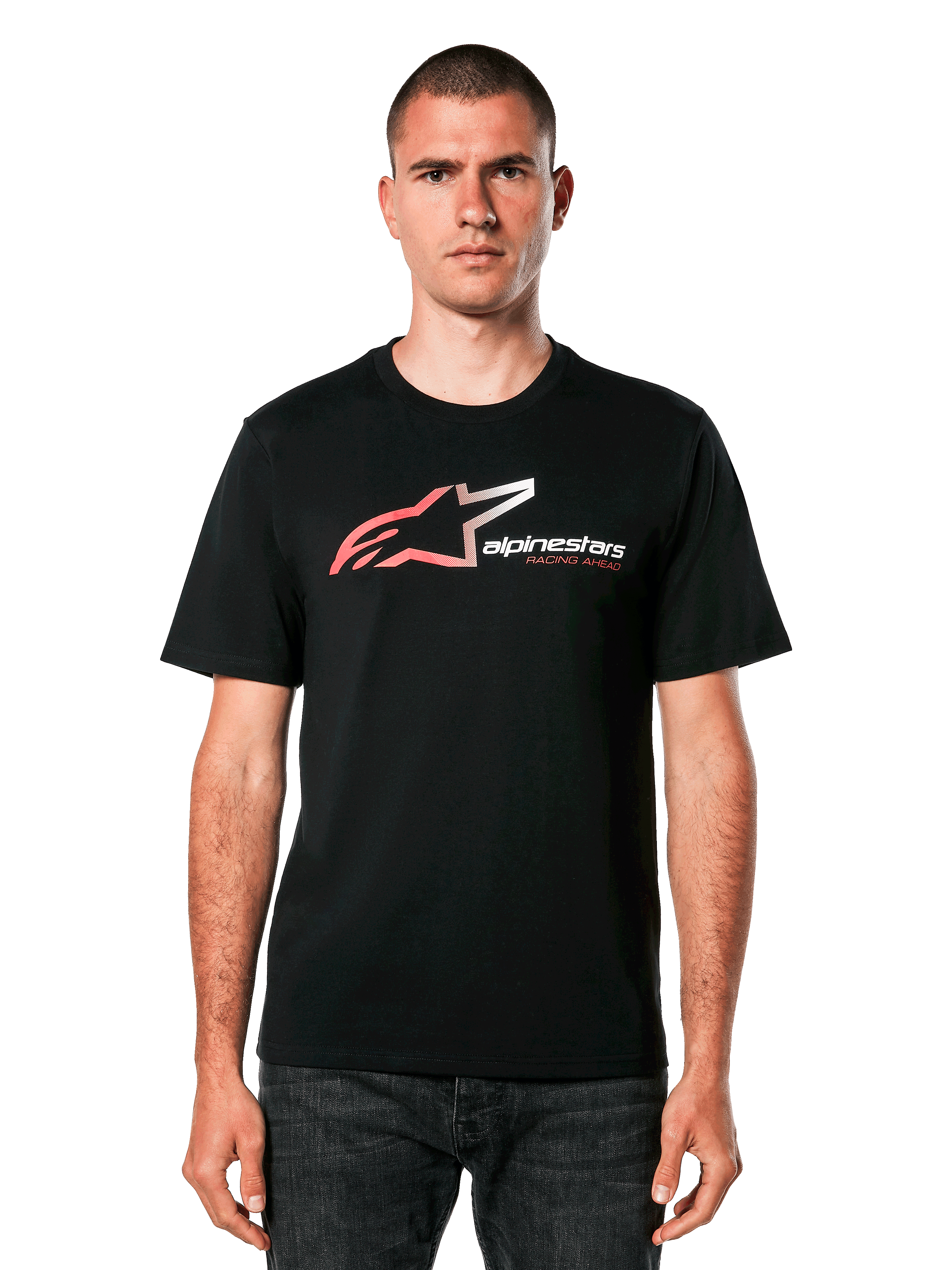 Alpinestars SPS CSF Tee, Black T-shirt with Red and White Racing Ahead Logo, Short-Sleeved Casual Motorsports Apparel