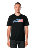 Alpinestars Racing USA CSF Tee, Black T-shirt with Blue, White and Red Logo, Motorsports Casual Wear, Cotton Graphic Tee with American Flag-Inspired Star Design