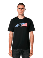 Alpinestars Racing USA CSF Tee, Black T-shirt with Blue, White and Red Logo, Motorsports Casual Wear, Cotton Graphic Tee with American Flag-Inspired Star Design