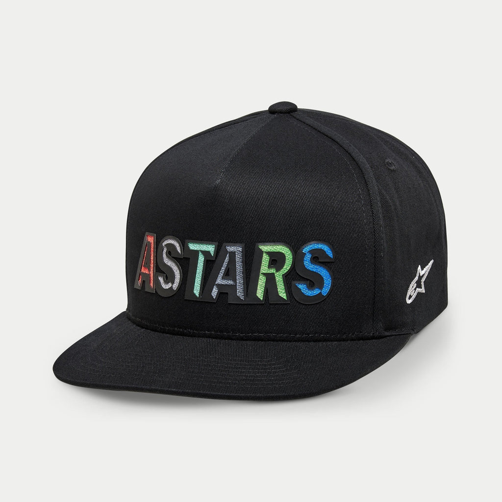 Alpinestars Candy Hat, Men's Sportswear Snapback, Black Ripstop with multi-color ASTARS logo embroidery and flat bill.
