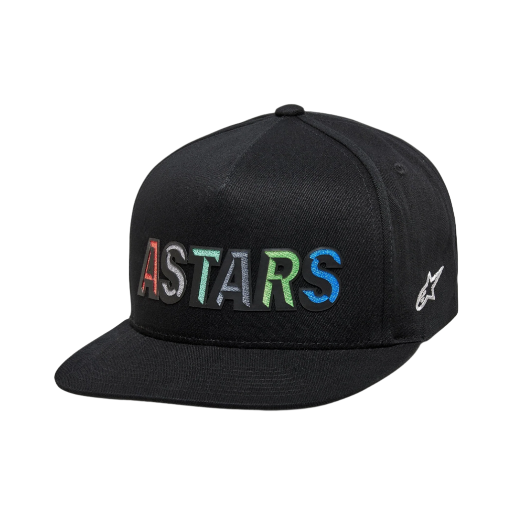 Alpinestars Candy Hat, black flat bill snapback featuring colorful ASTARS embroidery and a structured crown for sportswear.