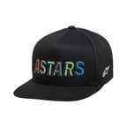 Alpinestars Candy Hat, black flat bill snapback featuring colorful ASTARS embroidery and a structured crown for sportswear.