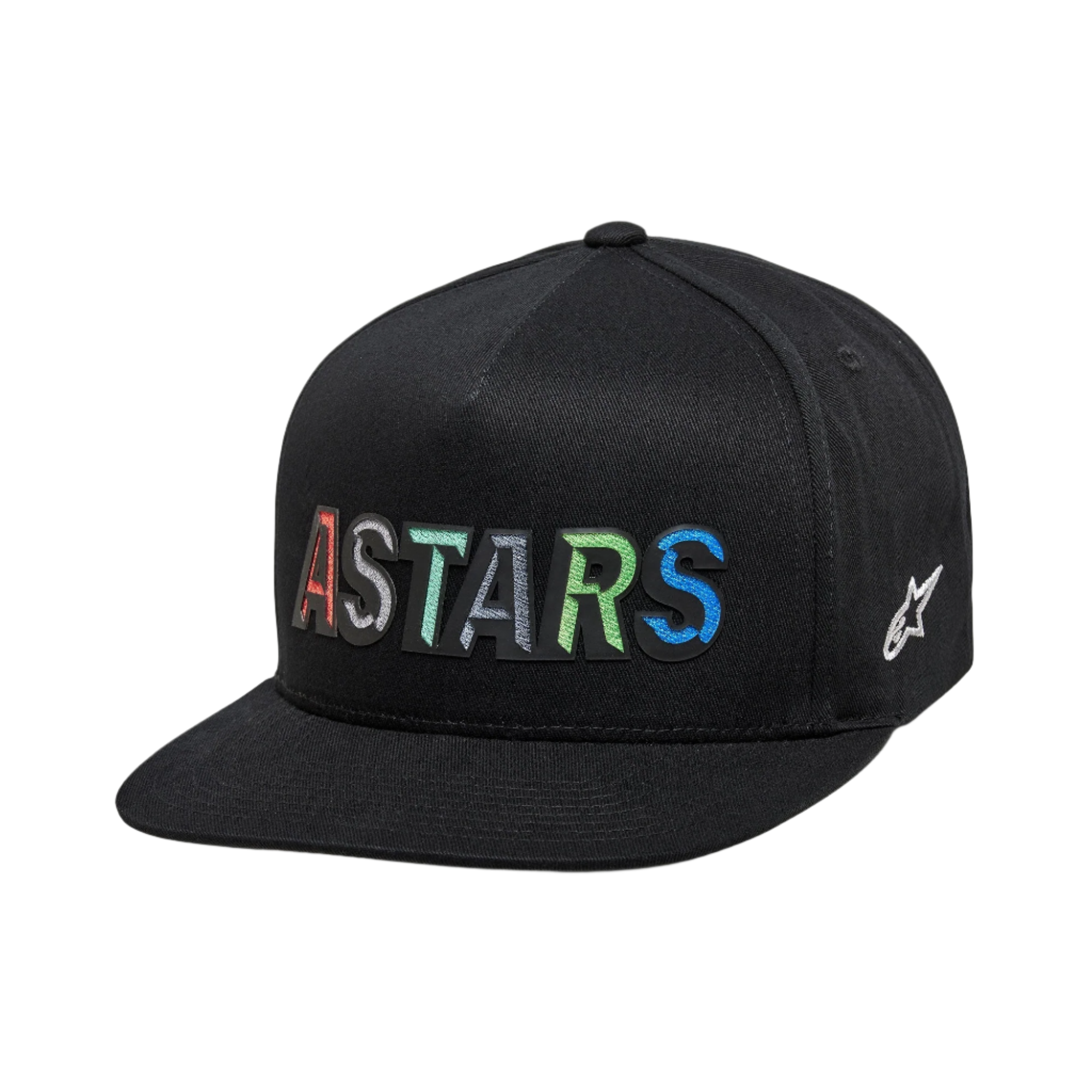 Alpinestars Candy Hat, black flat bill snapback featuring colorful ASTARS embroidery and a structured crown for sportswear.