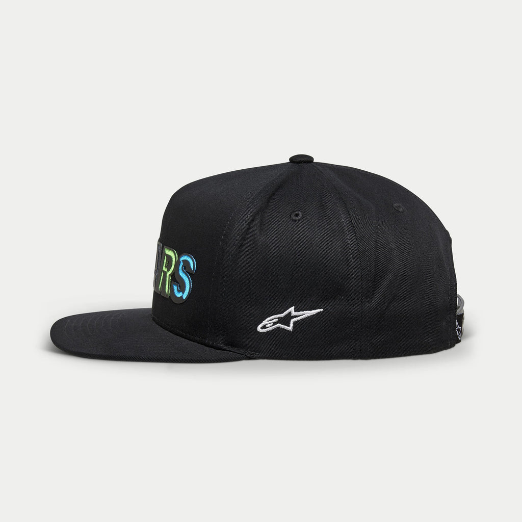 Alpinestars Candy Hat, Black Men's Flat Bill Snapback Cap with colorful embroidery and white Astars logo, side view.