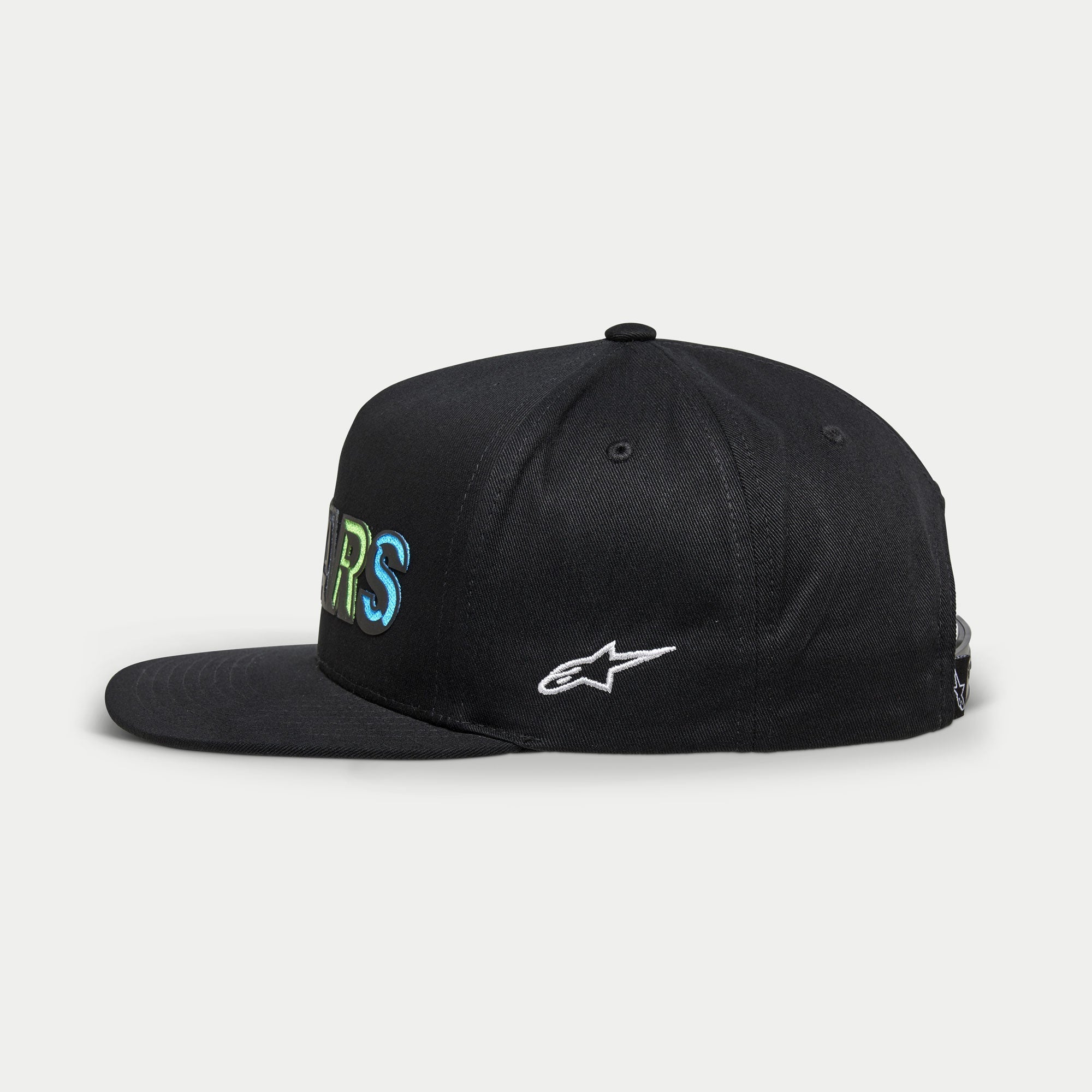 Alpinestars Candy Hat, Black Men's Flat Bill Snapback Cap with colorful embroidery and white Astars logo, side view.