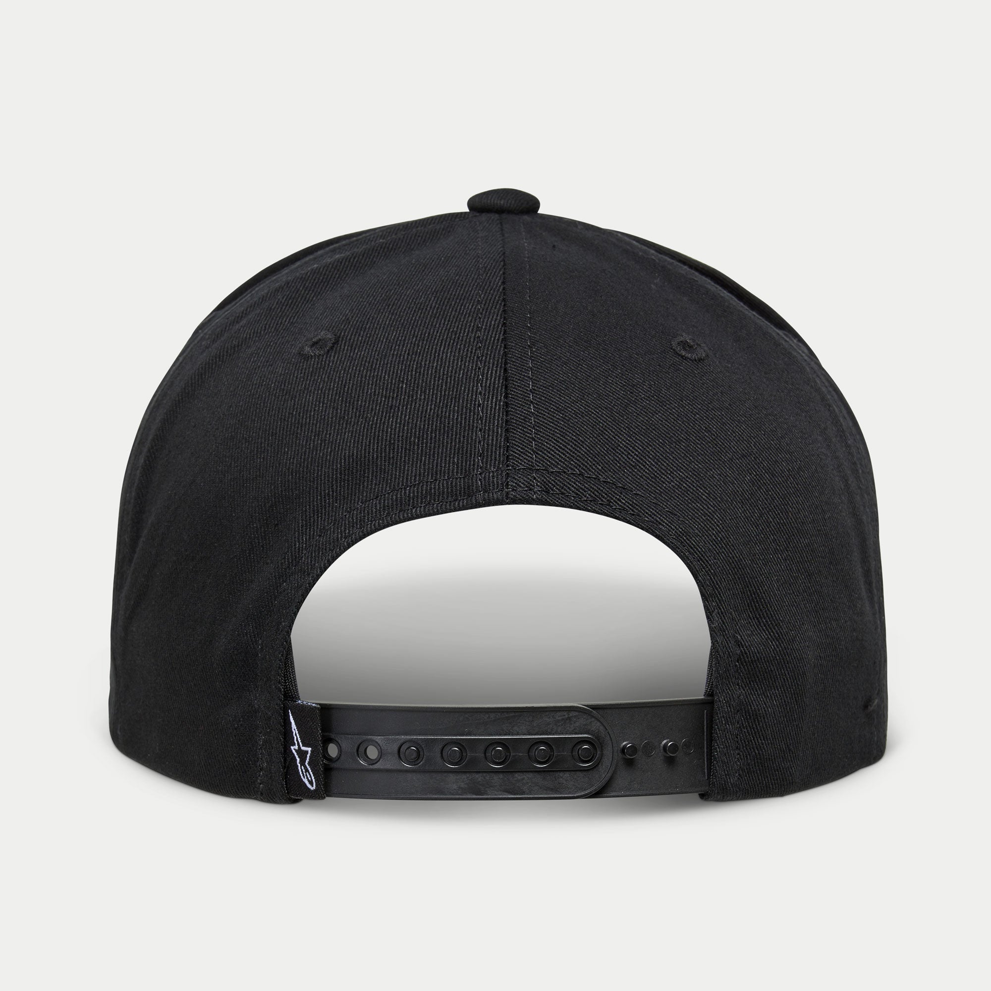Alpinestars Candy Hat, black snapback sportswear cap for men, rear view featuring adjustable plastic closure.