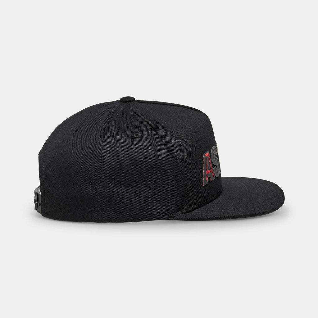 Alpinestars Candy Hat, Black flat bill snapback with structured crown and red logo, casual cotton sportswear.