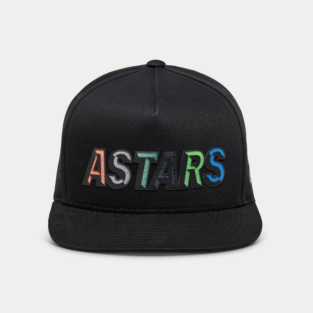 Alpinestars Candy Hat, Black Flat Bill Snapback, Multi-colored ASTARS Logo Embroidery, Structured Sportswear Cap.