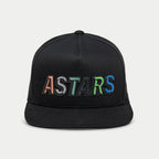 Alpinestars Candy Hat, Black Flat Bill Snapback, Multi-colored ASTARS Logo Embroidery, Structured Sportswear Cap.