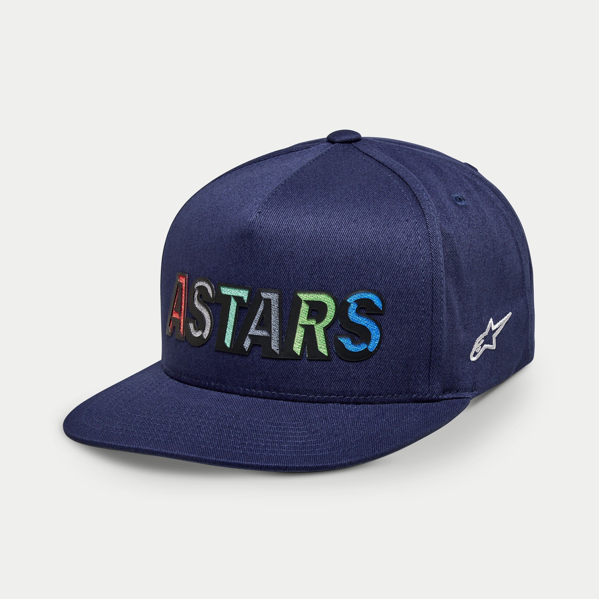 Alpinestars Candy Hat, Navy Blue flat bill sportswear cap for men with multicolored ASTARS embroidery and white side logo.