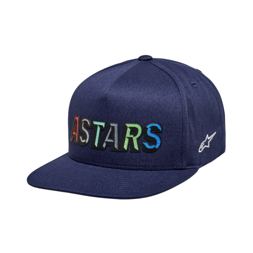 Alpinestars Candy Hat, men's sportswear snapback, navy blue, colorful ASTARS logo and flat bill design.