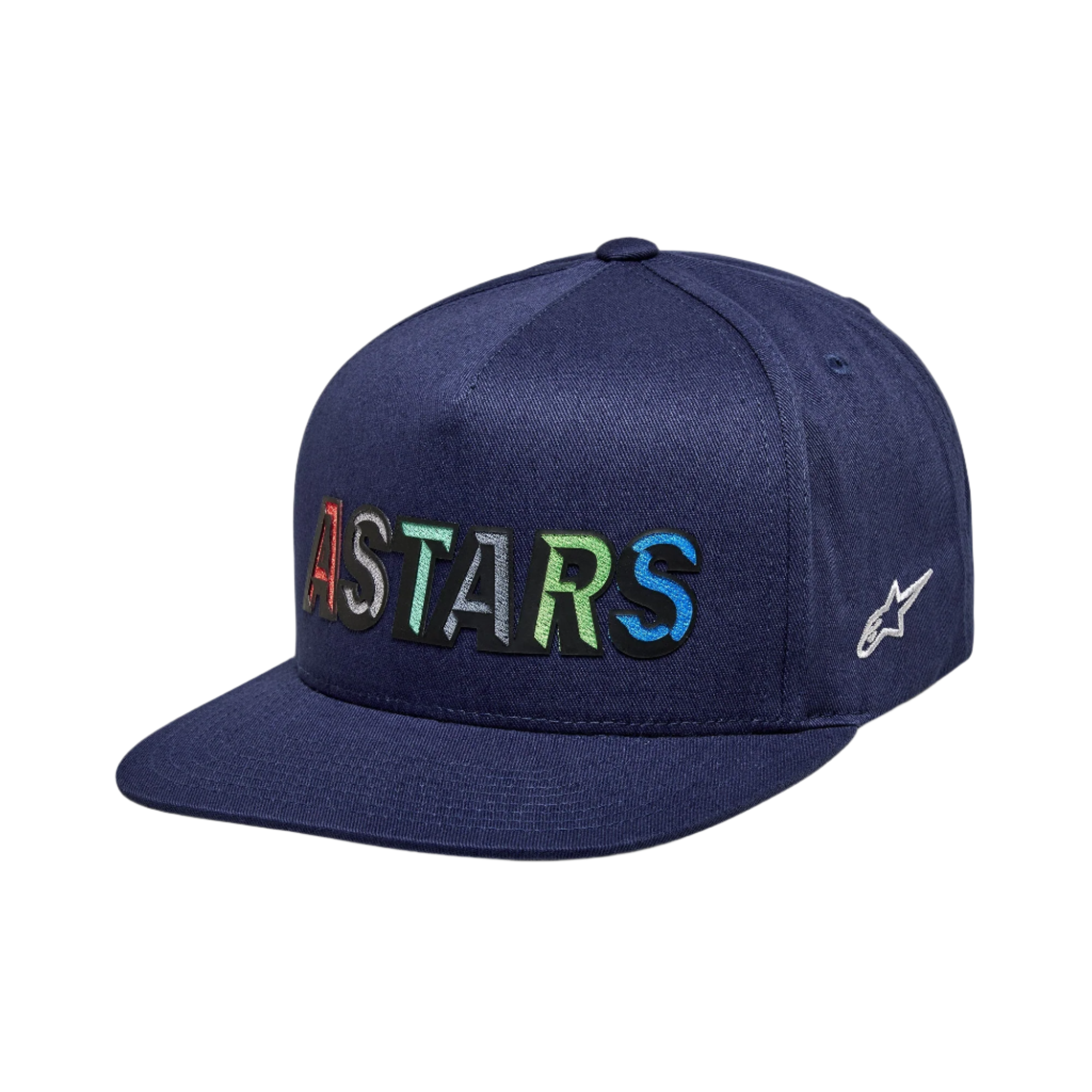 Alpinestars Candy Hat, men's sportswear snapback, navy blue, colorful ASTARS logo and flat bill design.
