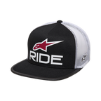 Alpinestars Ride 4.0 Trucker Hat, Black and White with Red accents, white poly mesh back, flat black bill, featuring 3D RIDE logo and red Astars symbol on front, casual motorsport-inspired headwear