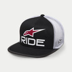 Alpinestars Ride 4.0 Trucker Hat, Black and White with Red accents, flat bill with structured crown, twill front and white poly mesh back, featuring a 3D Ride logo print and side Ageless embroidery, casual motorsport-inspired headwear