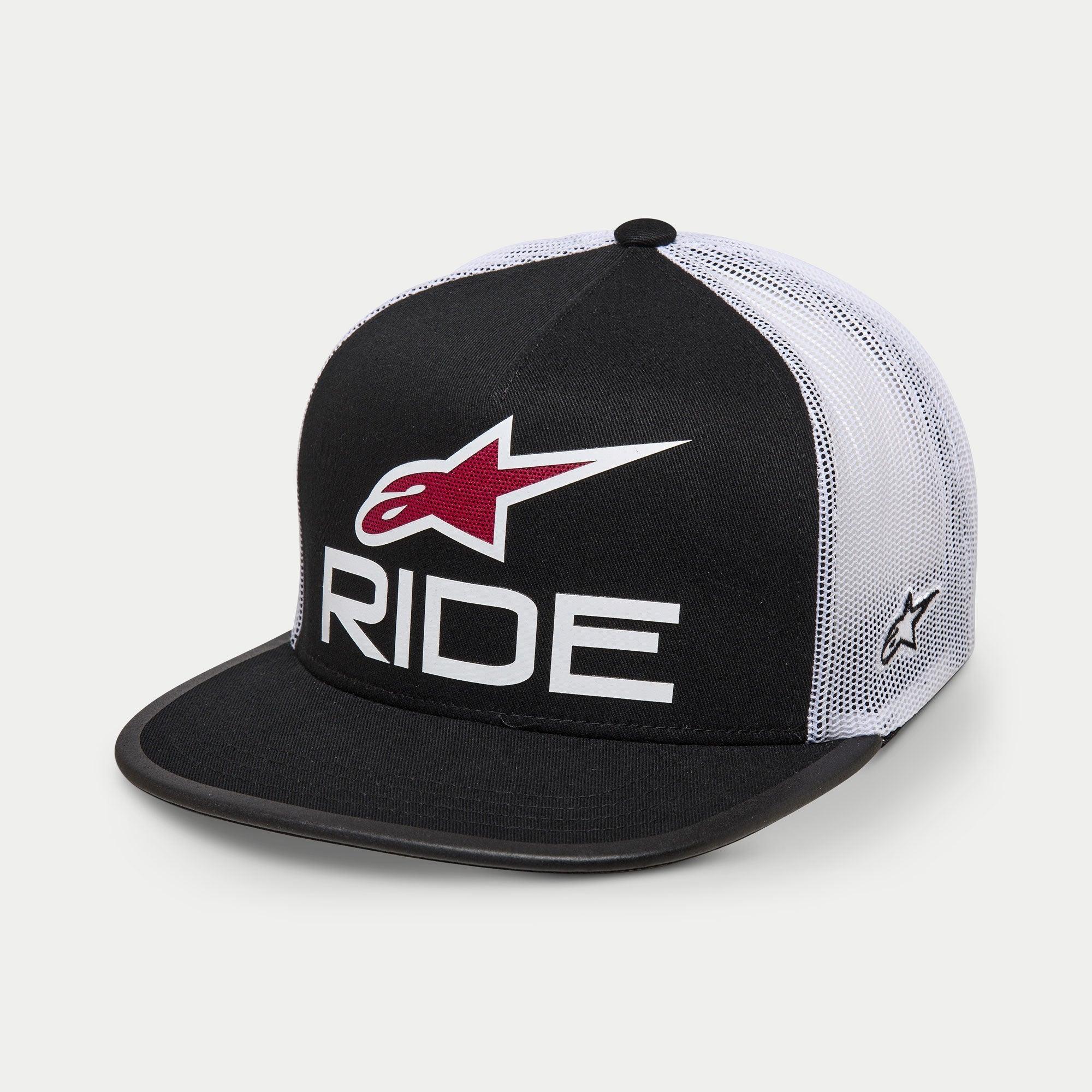 Alpinestars Ride 4.0 Trucker Hat, Black and White with Red accents, flat bill with structured crown, twill front and white poly mesh back, featuring a 3D Ride logo print and side Ageless embroidery, casual motorsport-inspired headwear