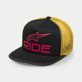 Alpinestars Ride 4.0 Trucker Hat, Black and Yellow with Red branding, flat bill and structured crown, 3D Ride logo on front, yellow mesh back with side embroidery, casual motorsport-inspired cap