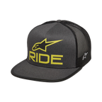 Alpinestars Ride 4.0 Trucker Hat, Charcoal and Black, Lime Yellow 3D Ride Logo, Flat bill with mesh back, Side Ageless embroidery, Casual Motorsport Streetwear
