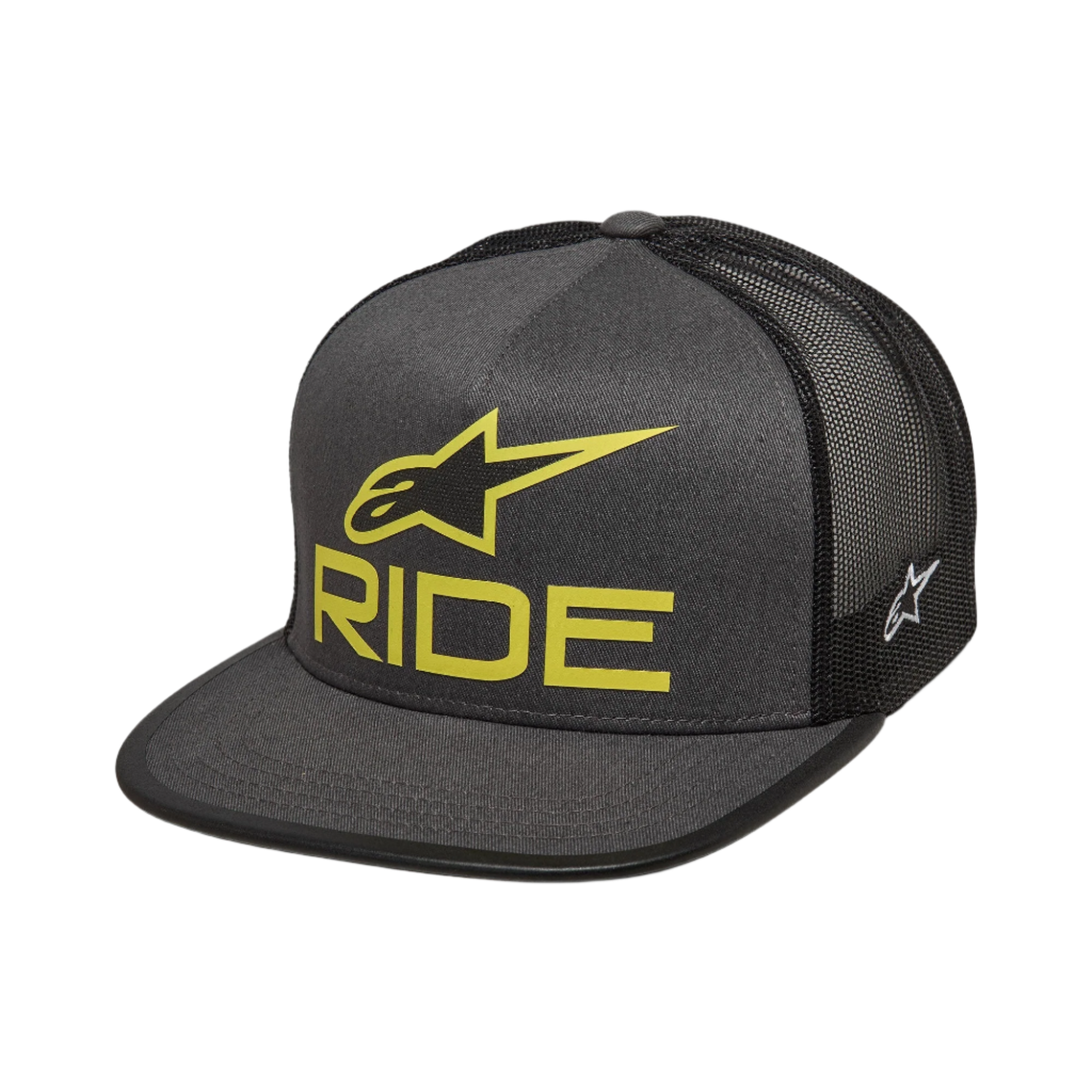 Alpinestars Ride 4.0 Trucker Hat, Charcoal and Black, Lime Yellow 3D Ride Logo, Flat bill with mesh back, Side Ageless embroidery, Casual Motorsport Streetwear