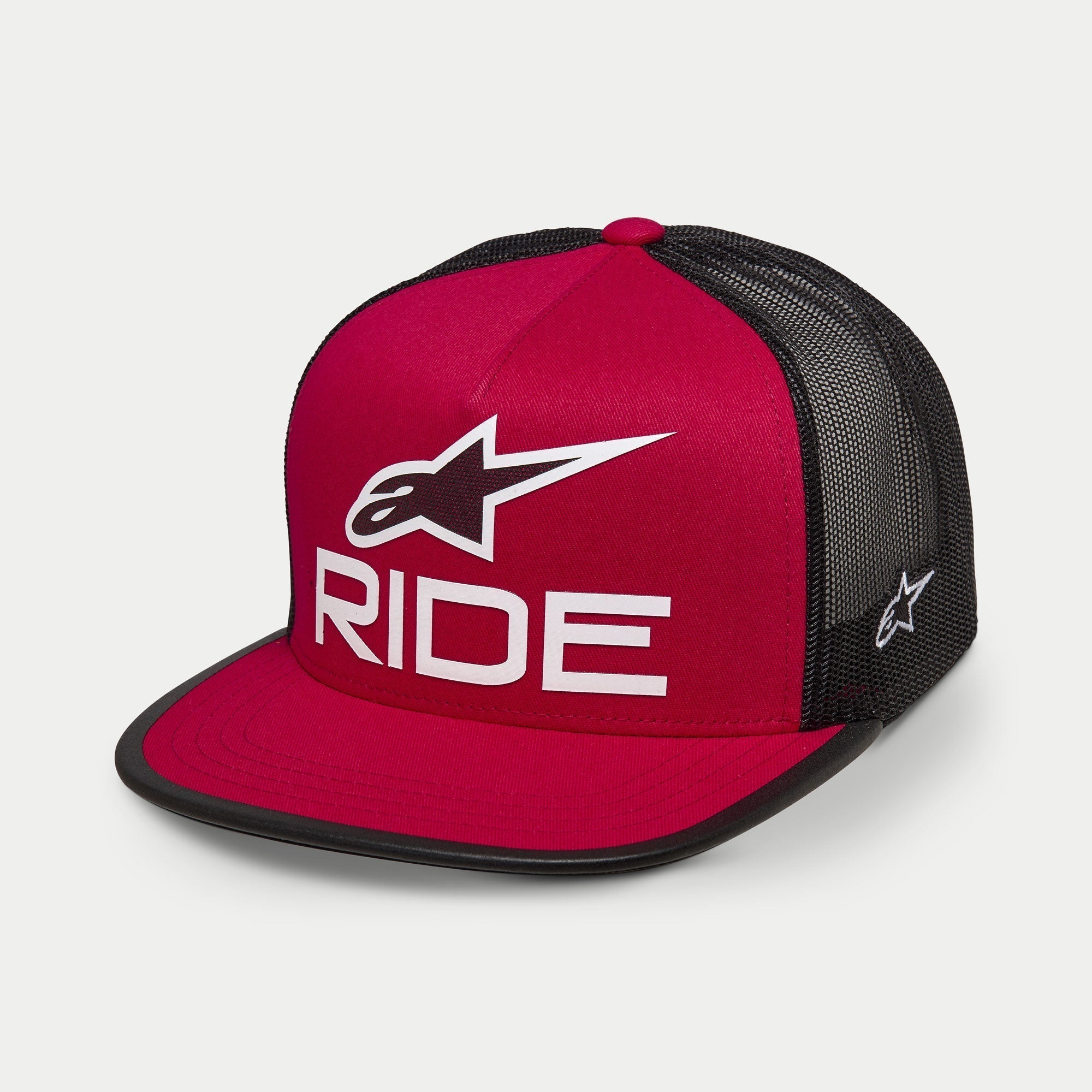 Alpinestars Ride 4.0 Trucker Hat, Red and Black, flat bill with structured crown, white 3D printed Ride logo and Alpinestars A-star on the front, black mesh back with white side logo embroidery, casual streetwear style