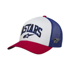 Alpinestars Dunker Trucker Hat, White Red and Blue, red curved bill with a white front panel and blue mesh back, features 3D ASTARS embroidery on the front, casual motorsport-inspired headwear