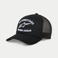 Alpinestars Triple Trucker Hat, Black Trucker Cap, Curved Bill, White 3D Embroidery with 'ALPINESTARS' and 'RACING AHEAD' Logo, Twill Front and Mesh Back Panels, Casual Motorsport Apparel