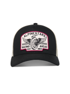 Alpinestars Heritage Patch Trucker Hat, Black and Natural mesh with vintage winged wheel racing embroidery patch.