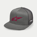 Alpinestars 3D Ageless Trucker Hat, Grey with Red logo, flat bill, structured crown, twill front with grey mesh back, 3D red embroidered logo, casual motorsport-inspired headwear