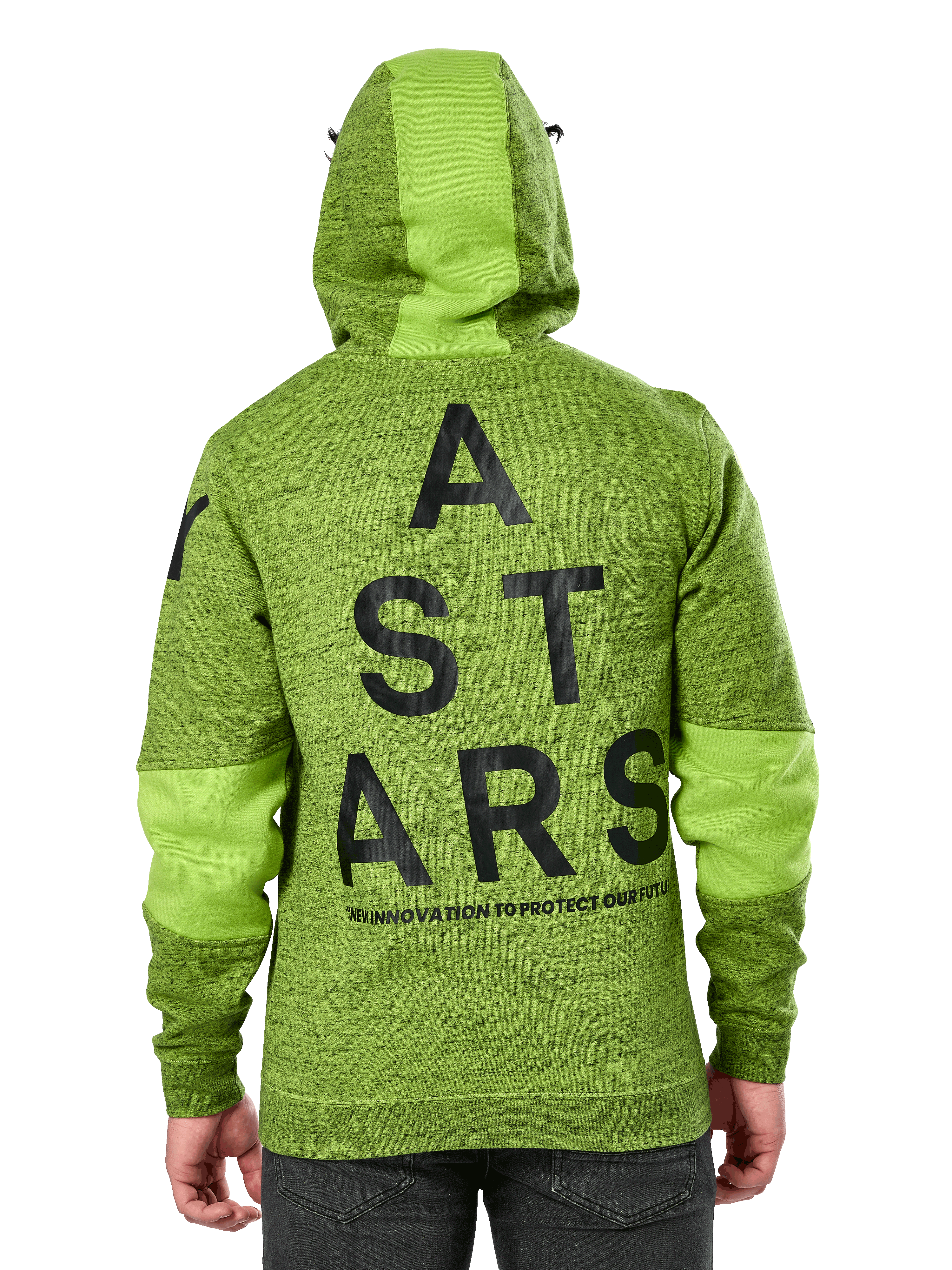 Alpinestars Perpetuate Hoodie, back view, lime green heathered fleece with solid green fabric blocking on hood and sleeves, large black ASTARS graphic on back, casual motorsport-inspired streetwear