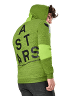 Alpinestars Perpetuate Hoodie, Casual Sportswear Hoodie, Lime Green Heathered Fleece, rear view featuring large black vertical ASTARS graphic on back and shoulder logo, fabric blocking on sleeves, drawstring hood, modern motorsport-inspired streetwear.