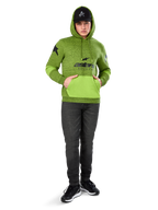Alpinestars Perpetuate Hoodie, Lime Green heather pullover fleece with contrasting bright green kangaroo pocket and sleeve panels, black 'astars' front graphic, styled with a black cap and dark jeans, casual motorsport-inspired streetwear