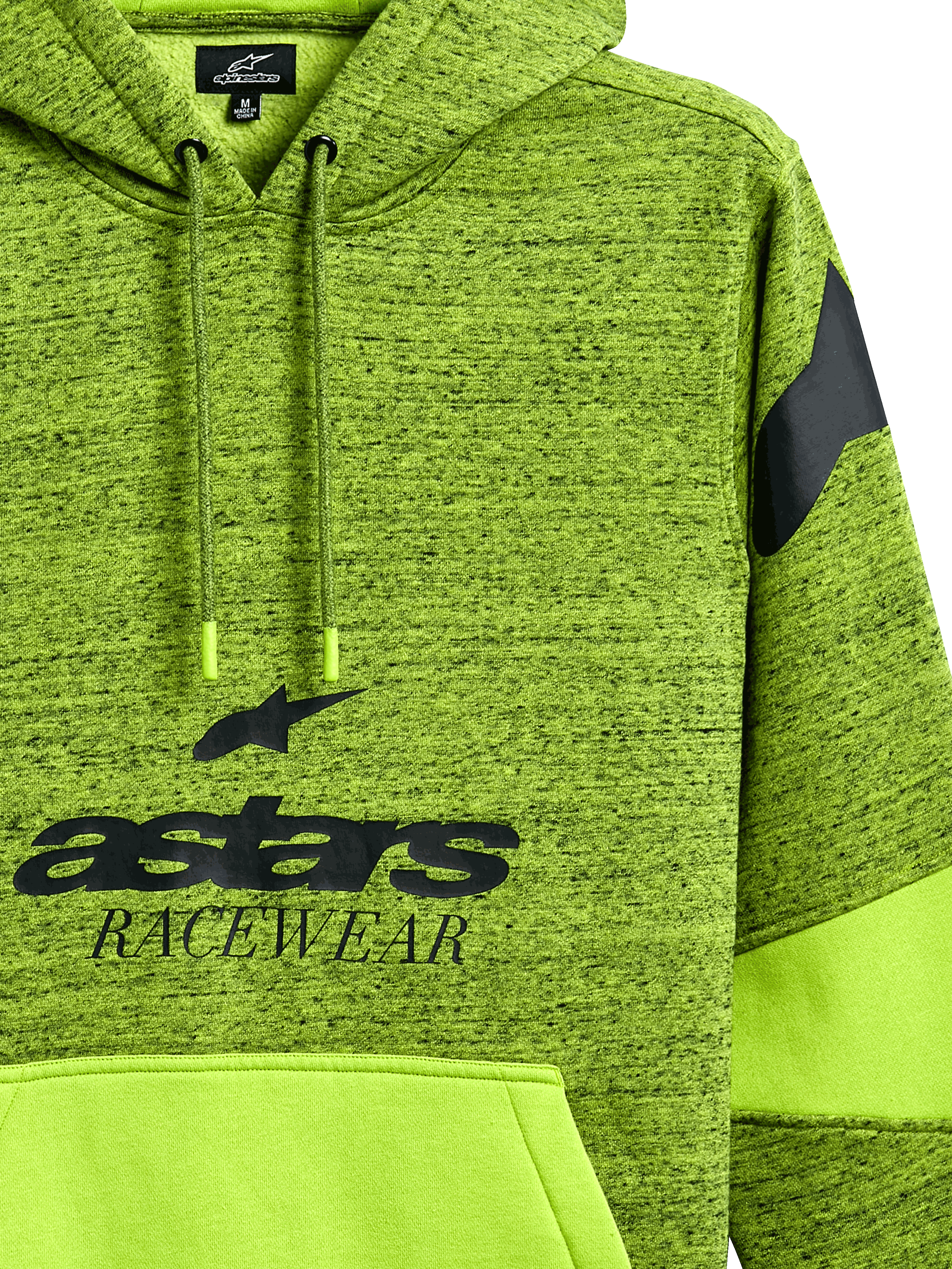 Alpinestars Perpetuate Hoodie, Lime Green heather pullover, featuring black 'astars RACEWEAR' graphic, solid lime kangaroo pocket with fabric blocking, drawstring hood, and shoulder logo, casual motorsport-inspired sportswear.