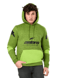 Alpinestars Perpetuate Hoodie, Men's Heather Green and Lime Pullover, featuring bright lime green color blocking on the kangaroo pocket and sleeves, black 'astars RACEWEAR' graphic on the chest and star logos on the shoulders, casual motorsport streetwear