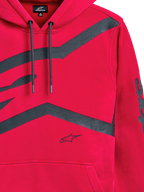 Alpinestars Unbound Hoodie, Red, close-up of front chest and sleeve with large dark grey graphic logos, drawstring hood, kangaroo pocket, casual motorsport-inspired streetwear