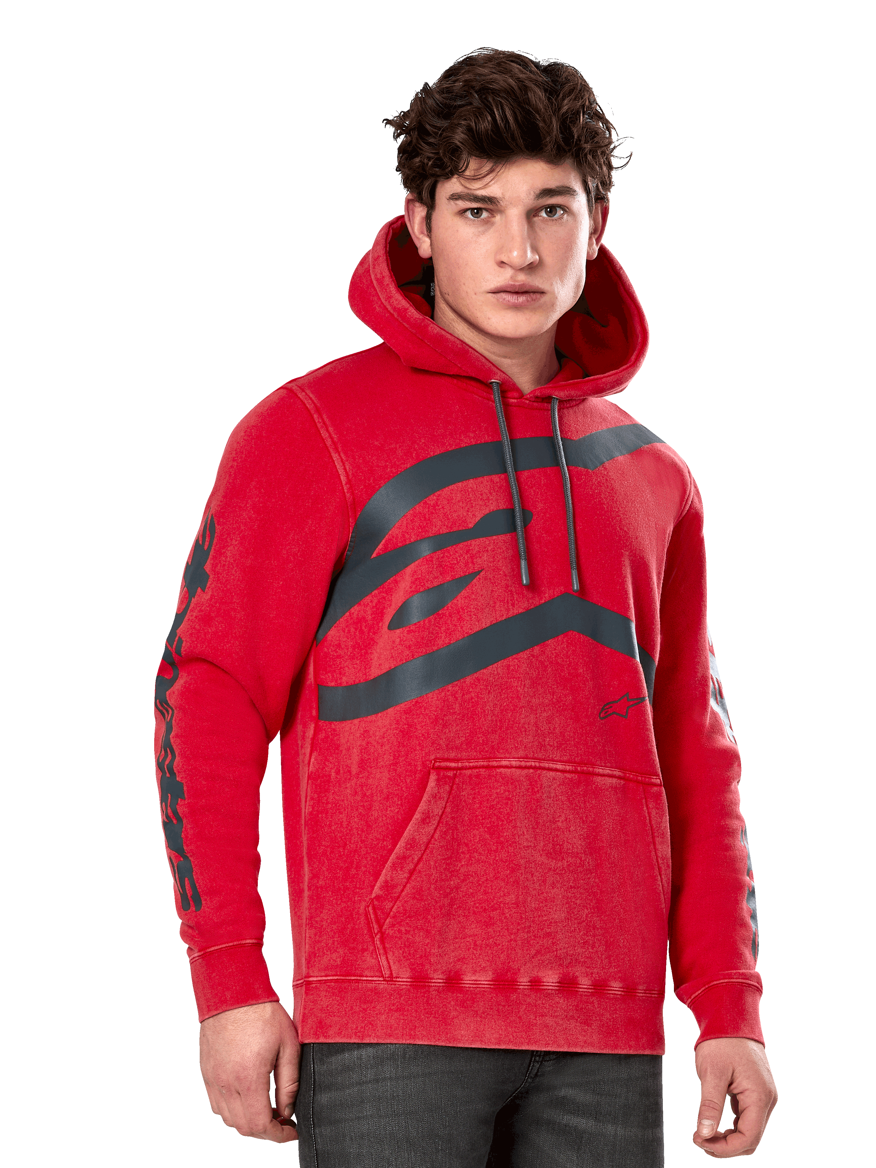 Alpinestars Unbound Hoodie, Pullover Fleece Hoodie, Garment-dyed Red, Large grey logo on chest, Alpinestars wordmark on sleeves, front kangaroo pocket and drawstring hood, casual motorsport-inspired streetwear