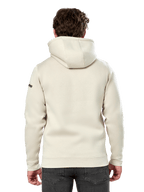 Alpinestars Insignia Hoodie, back view of a man wearing a casual pullover fleece, Off White, featuring a self-lined hood and ribbed cuffs, motorsport-inspired streetwear