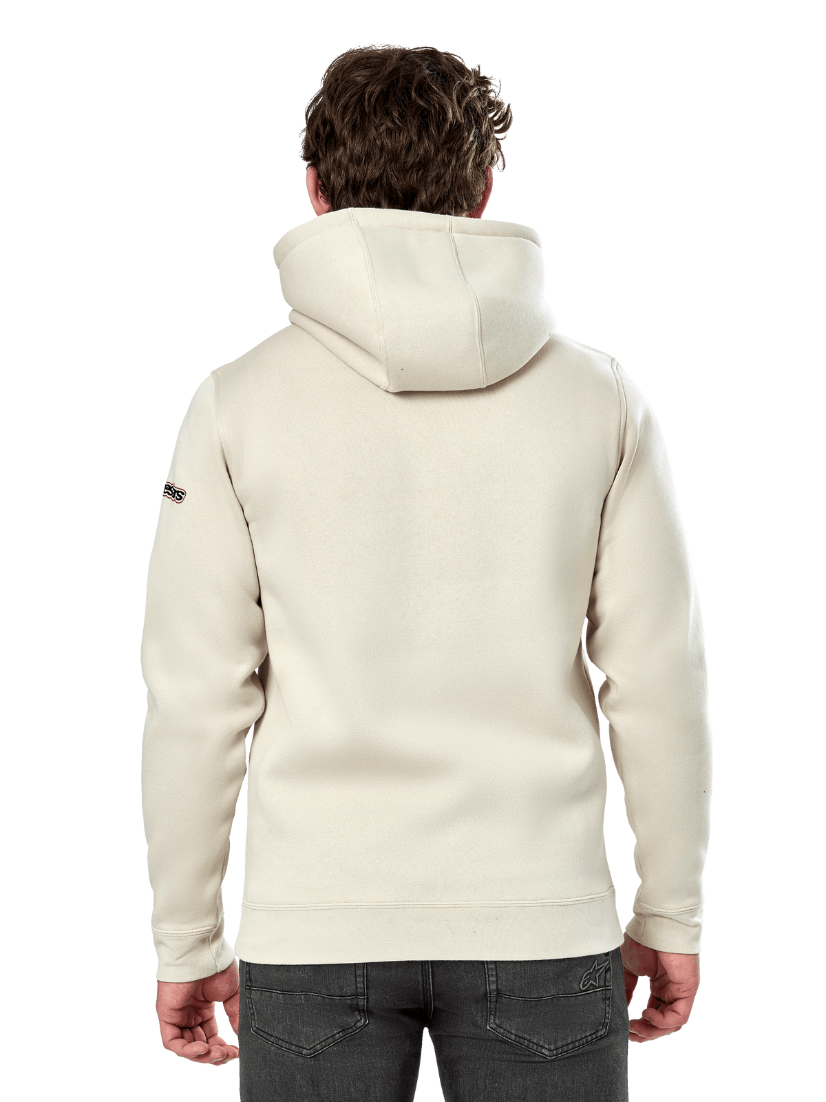 Alpinestars Insignia Hoodie, back view of a man wearing a casual pullover fleece, Off White, featuring a self-lined hood and ribbed cuffs, motorsport-inspired streetwear