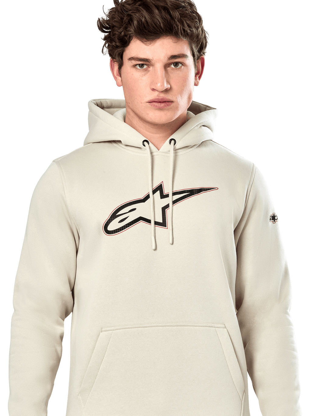 Alpinestars Insignia Hoodie, casual pullover sweatshirt, Off White with carbon fiber look logo on chest, red outline detail, drawstring hood and kangaroo pocket, worn by model, motorsport-inspired design