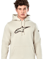 Alpinestars Insignia Hoodie, casual pullover sweatshirt, Off White with carbon fiber look logo on chest, red outline detail, drawstring hood and kangaroo pocket, worn by model, motorsport-inspired design