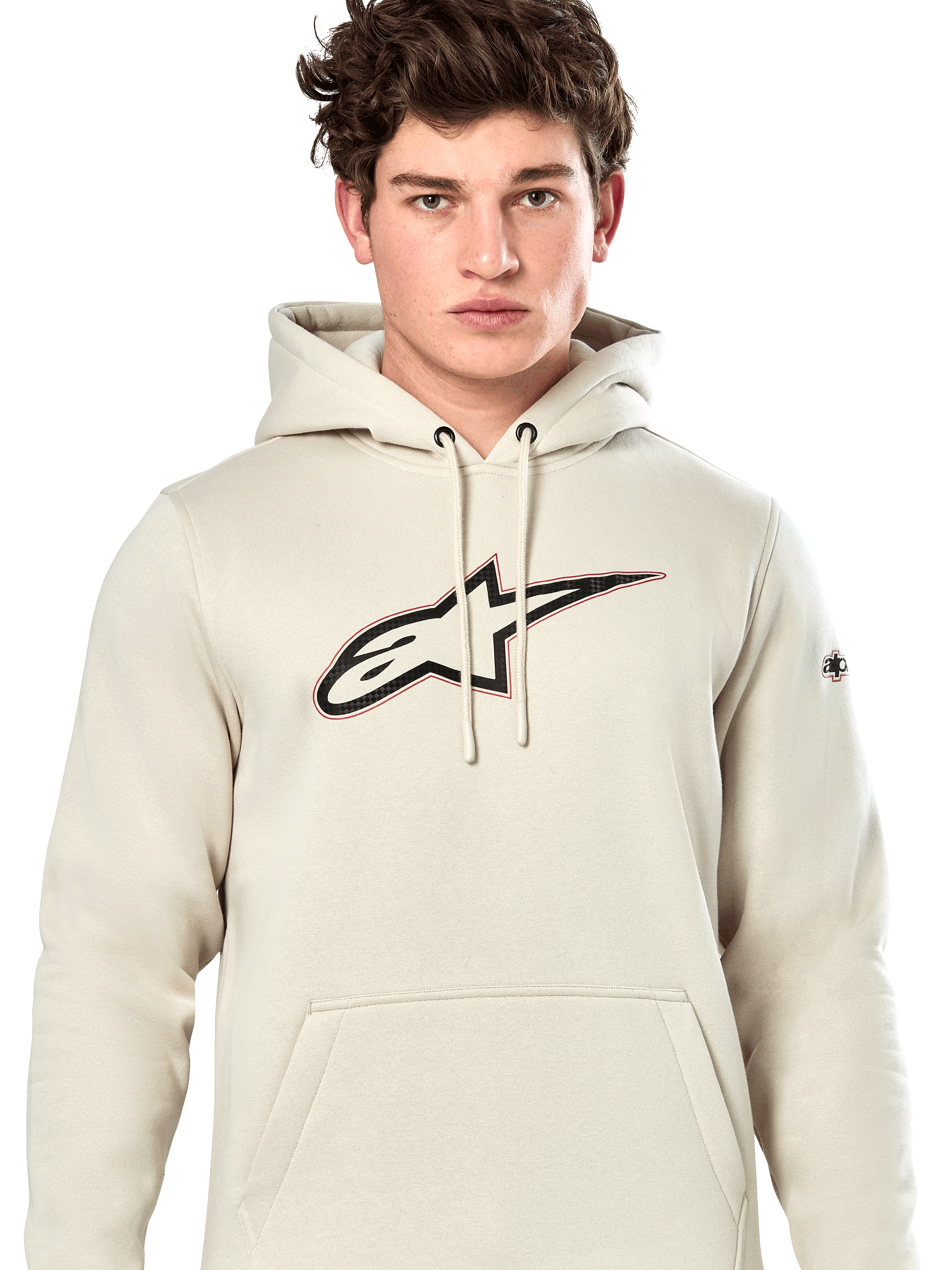 Alpinestars Insignia Hoodie, casual pullover sweatshirt, Off White with carbon fiber look logo on chest, red outline detail, drawstring hood and kangaroo pocket, worn by model, motorsport-inspired design