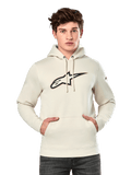 Alpinestars Insignia Hoodie, Off White pullover fleece, male model wearing hoodie with large carbon fiber look Alpinestars logo on chest featuring a red outline, kangaroo pocket, drawstring hood, casual motorsport-inspired streetwear