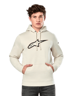 Alpinestars Insignia Hoodie, Off White pullover fleece, male model wearing hoodie with large carbon fiber look Alpinestars logo on chest featuring a red outline, kangaroo pocket, drawstring hood, casual motorsport-inspired streetwear