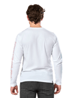 Alpinestars Ayess Csf Tee, Long Sleeve T-Shirt, White, Back View, featuring red Alpinestars lettering on the right sleeve and blue graphics on the left sleeve, casual motorsport-inspired streetwear