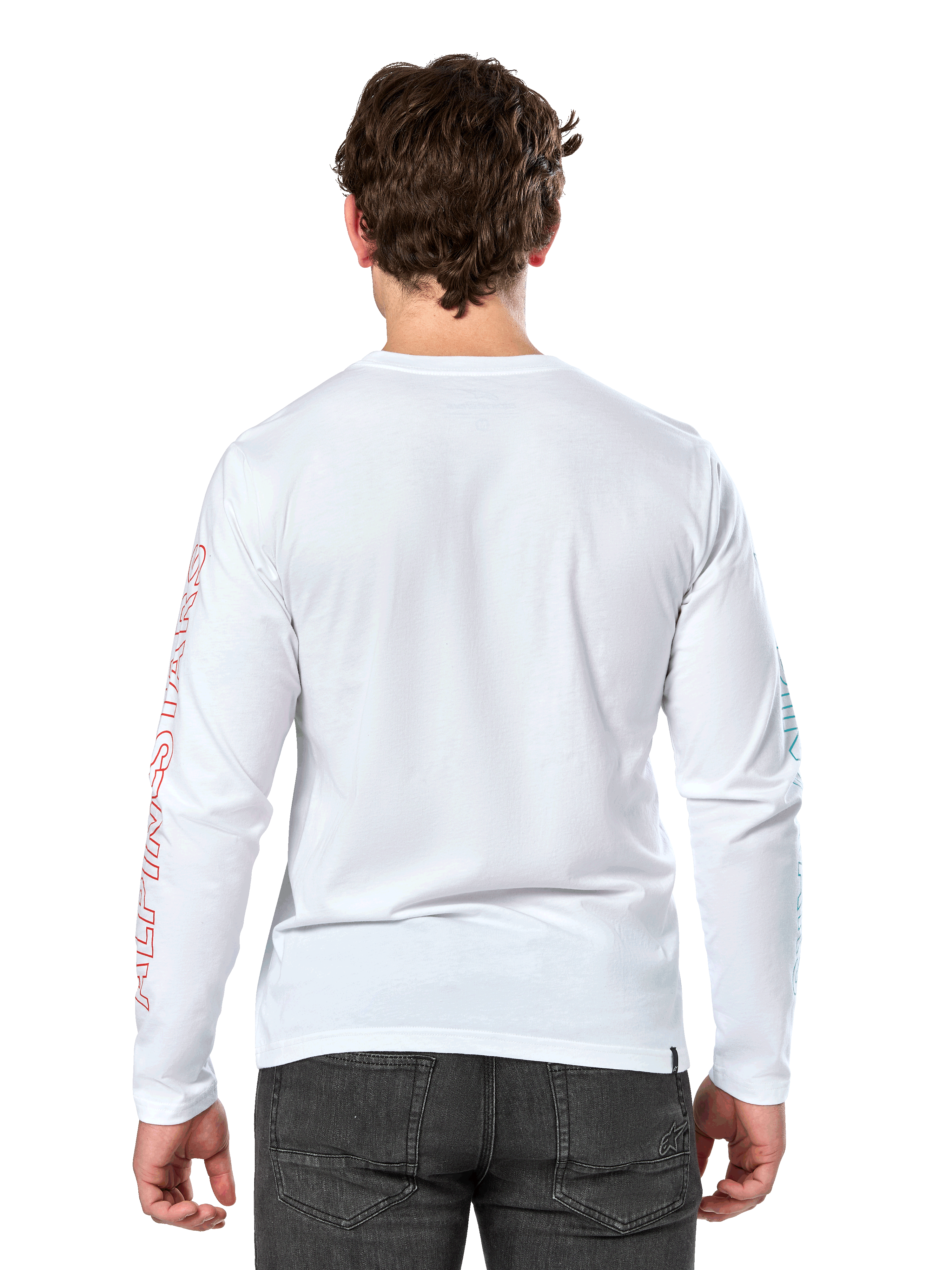 Alpinestars Ayess Csf Tee, Long Sleeve T-Shirt, White, Back View, featuring red Alpinestars lettering on the right sleeve and blue graphics on the left sleeve, casual motorsport-inspired streetwear