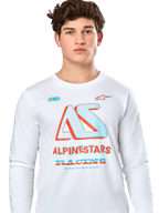 Alpinestars Ayess CSF Tee, Long Sleeve T-Shirt, White, featuring a large teal and orange 'AS' graphic with 'ALPINESTARS RACING' text, casual motorsport streetwear