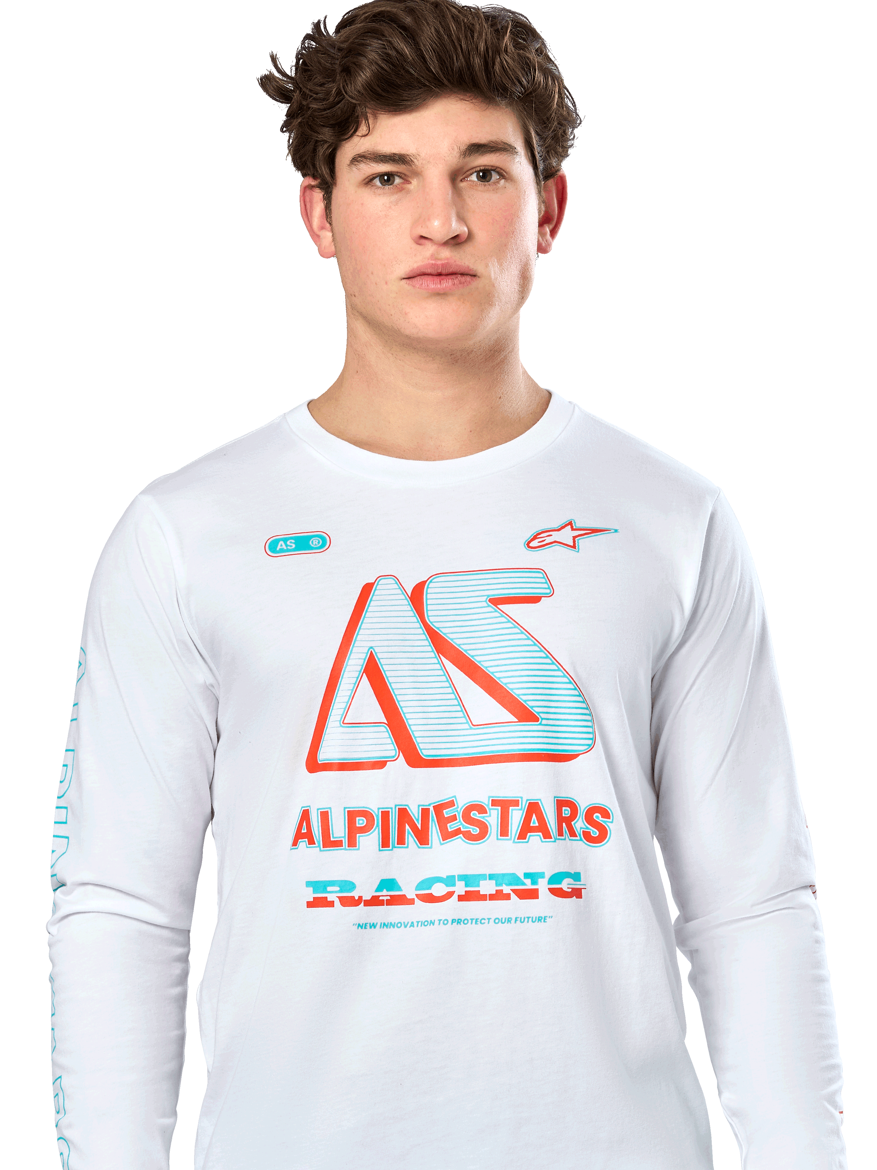 Alpinestars Ayess CSF Tee, Long Sleeve T-Shirt, White, featuring a large teal and orange 'AS' graphic with 'ALPINESTARS RACING' text, casual motorsport streetwear