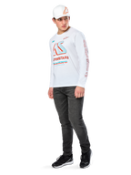 Alpinestars Ayess CSF Tee, Long Sleeve T-Shirt, White, featuring large blue and red CSF racing graphics on the chest and red Alpinestars branding on the sleeve, worn with dark jeans and a white Alpinestars cap, casual motorsport streetwear