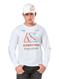 Alpinestars Ayess Csf Long Sleeve Tee, White Motorsports T-Shirt, featuring colorful AS logo in Blue and Red, ALPINESTARS RACING graphics, worn with white cap and black jeans, white background
