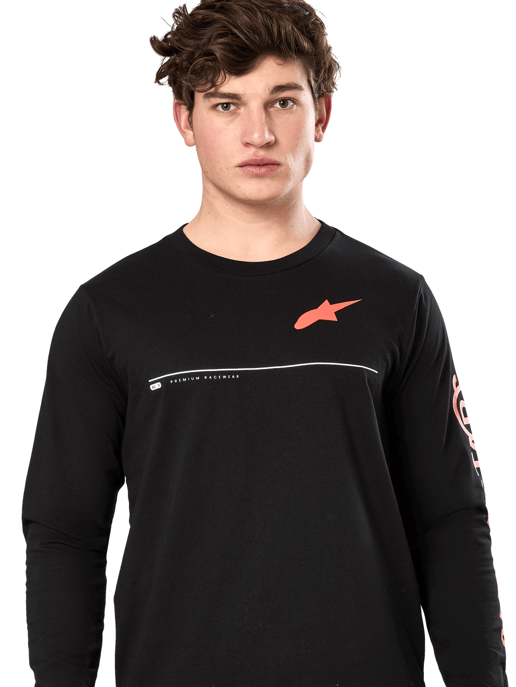 Alpinestars Committed CSF Tee, Long Sleeve T-Shirt, Black, male model wearing tee with orange Astars chest logo and white 'Premium Racewear' graphic, casual motorsport streetwear