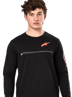 Alpinestars Committed CSF Tee, Long Sleeve T-Shirt, Black, male model wearing tee with orange Astars chest logo and white 'Premium Racewear' graphic, casual motorsport streetwear